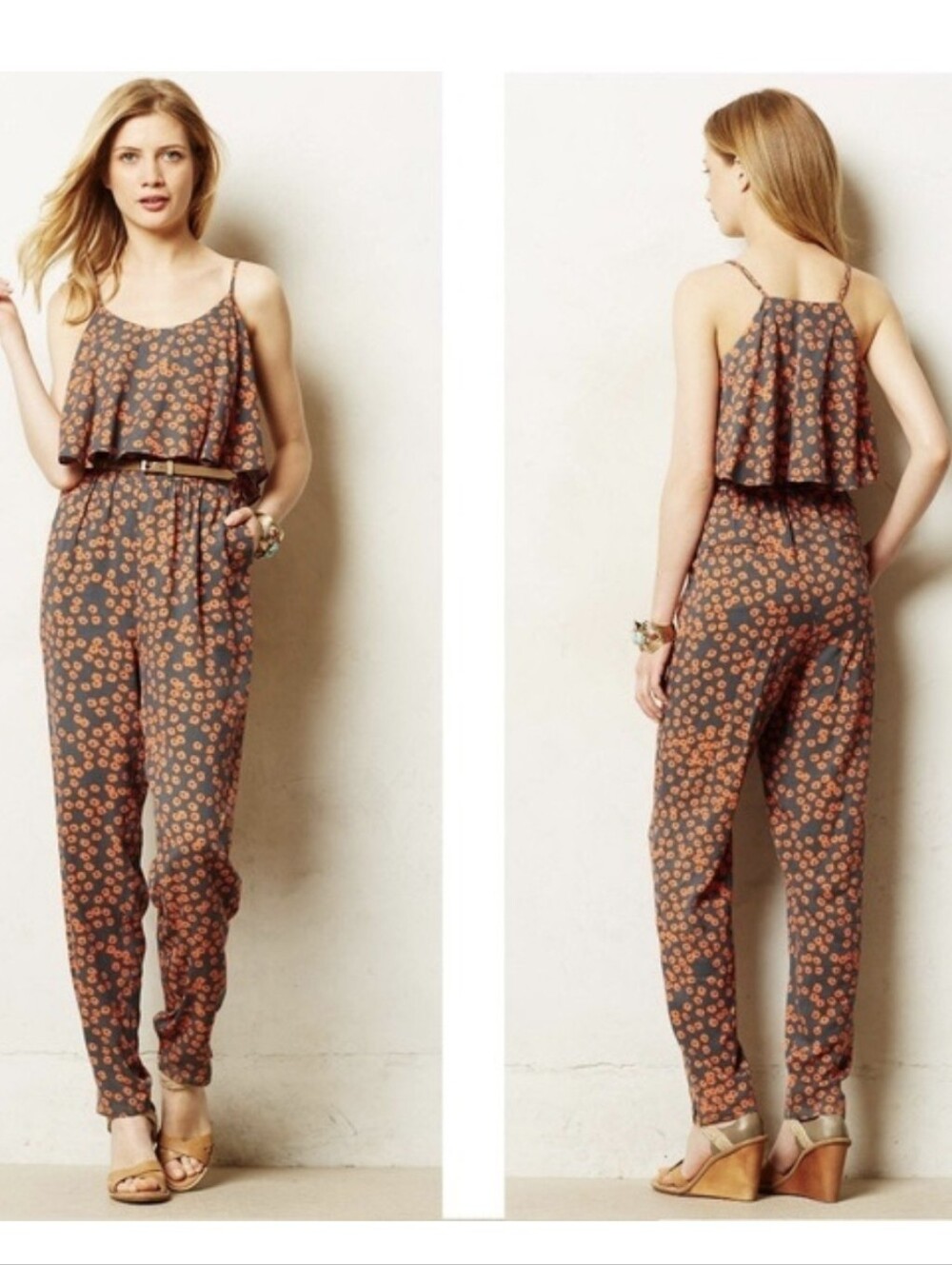 Anthro Lilka Jumpsuit Size Small Anthropologie Gray Orange Ruffle